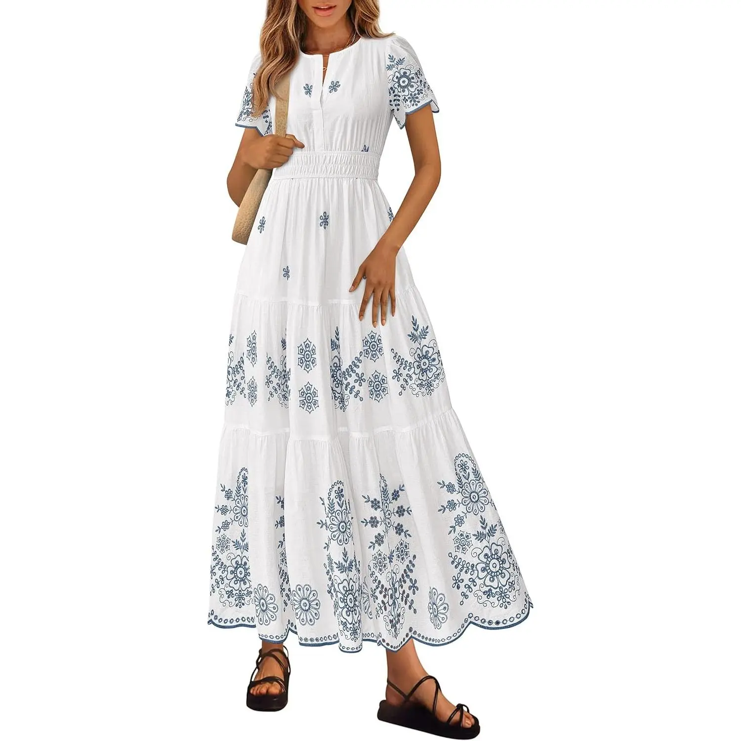 Women's Chic Floral Boho Maxi Dress, V-Neck Short Sleeve Tiered Cotton Casual Wear for Summer Vacation, Wedding Guest, or Baby Shower