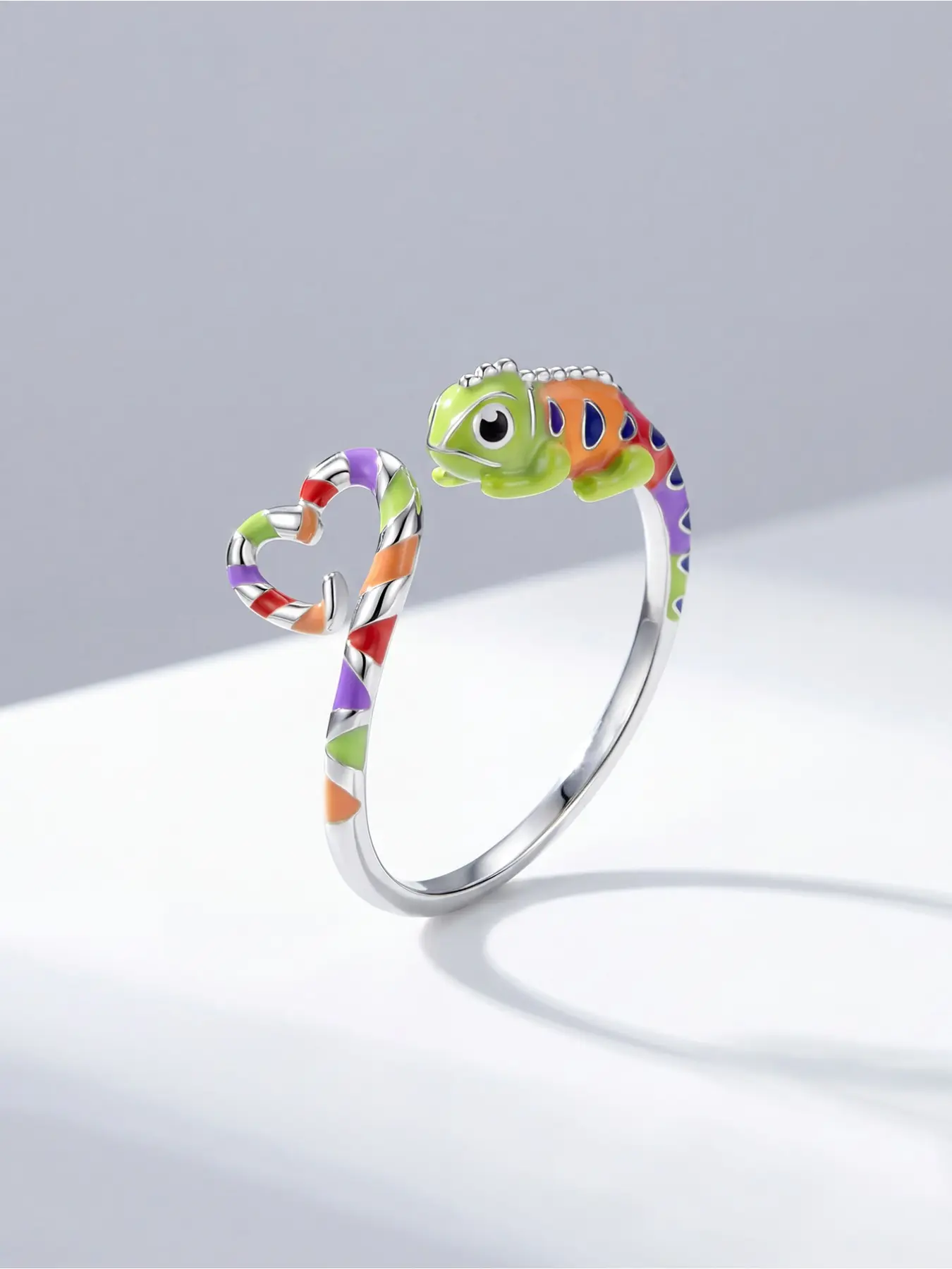 Cute Chameleon Enamel Open Ring, Silver Plated, Adjustable Band with Heart Tail, Fun Colorful Statement Jewelry