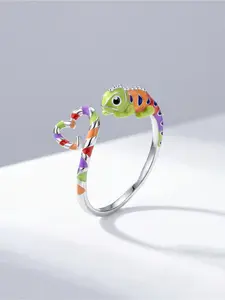 Cute Chameleon Enamel Open Ring, Silver Plated, Adjustable Band with Heart Tail, Fun Colorful Statement Jewelry