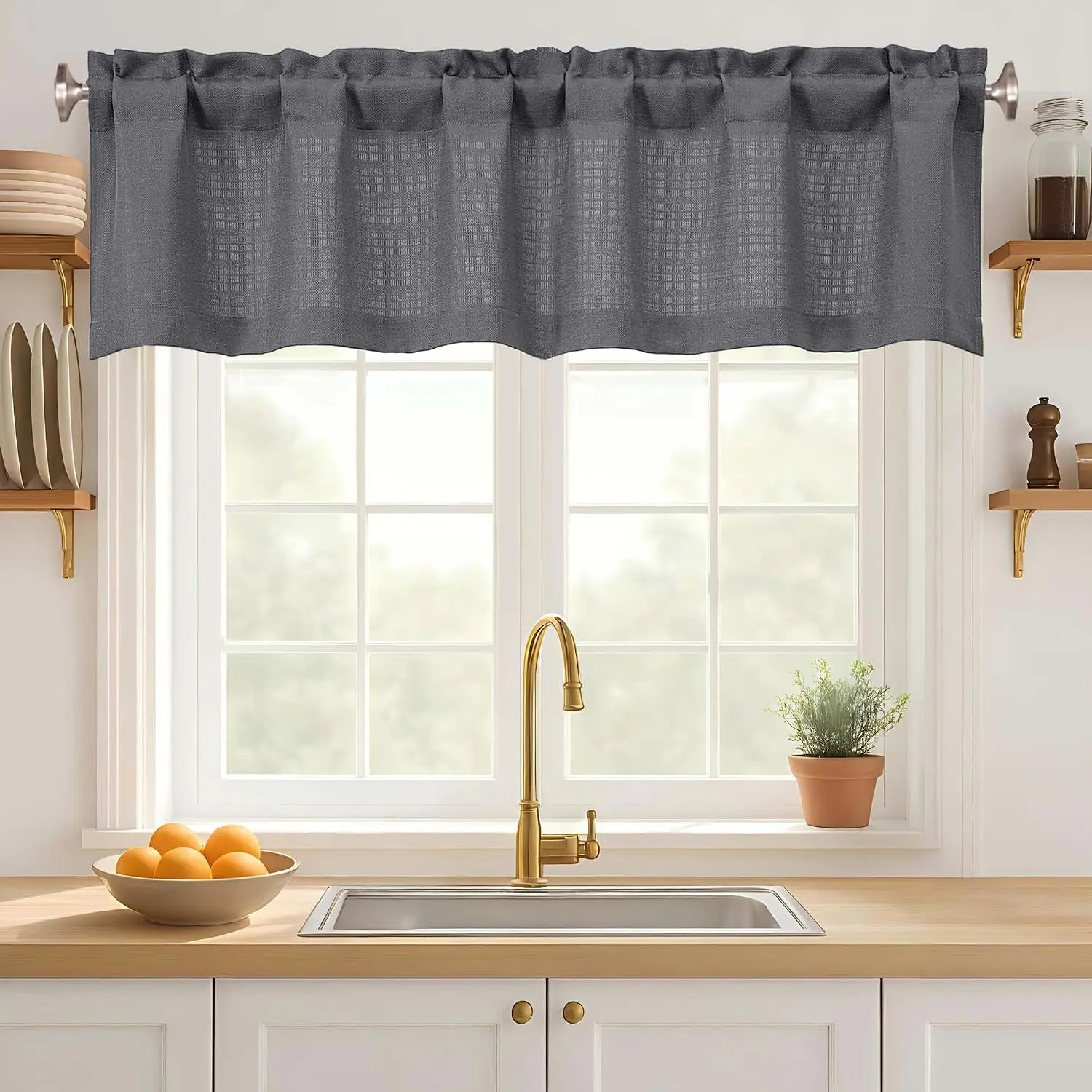 Dark Grey Valance for Windows 14 Inch Length, Light Filtering Faux-Linen Modern Short Valance Kitchen Curtain for Bathroom Basement, Rod Pocket  Short Curtain, 1 count, 60Wx14L Inches