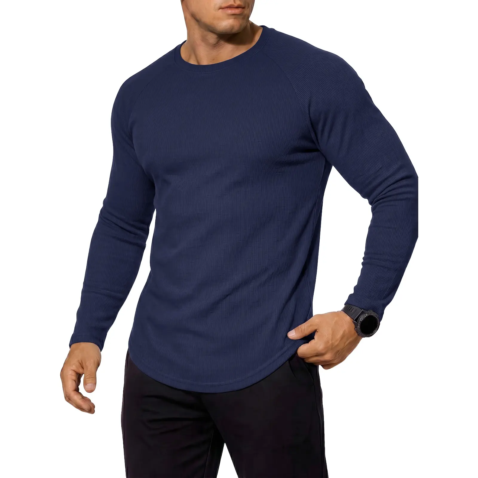 Aoysky Men's Long Sleeve Athletic Shirts - Poly Elastane Ribbed Fabric, Quick-Dry, Moisture-Wicking, Slim-Fit, Solid Plain for Gym Workouts, Stretch Knit