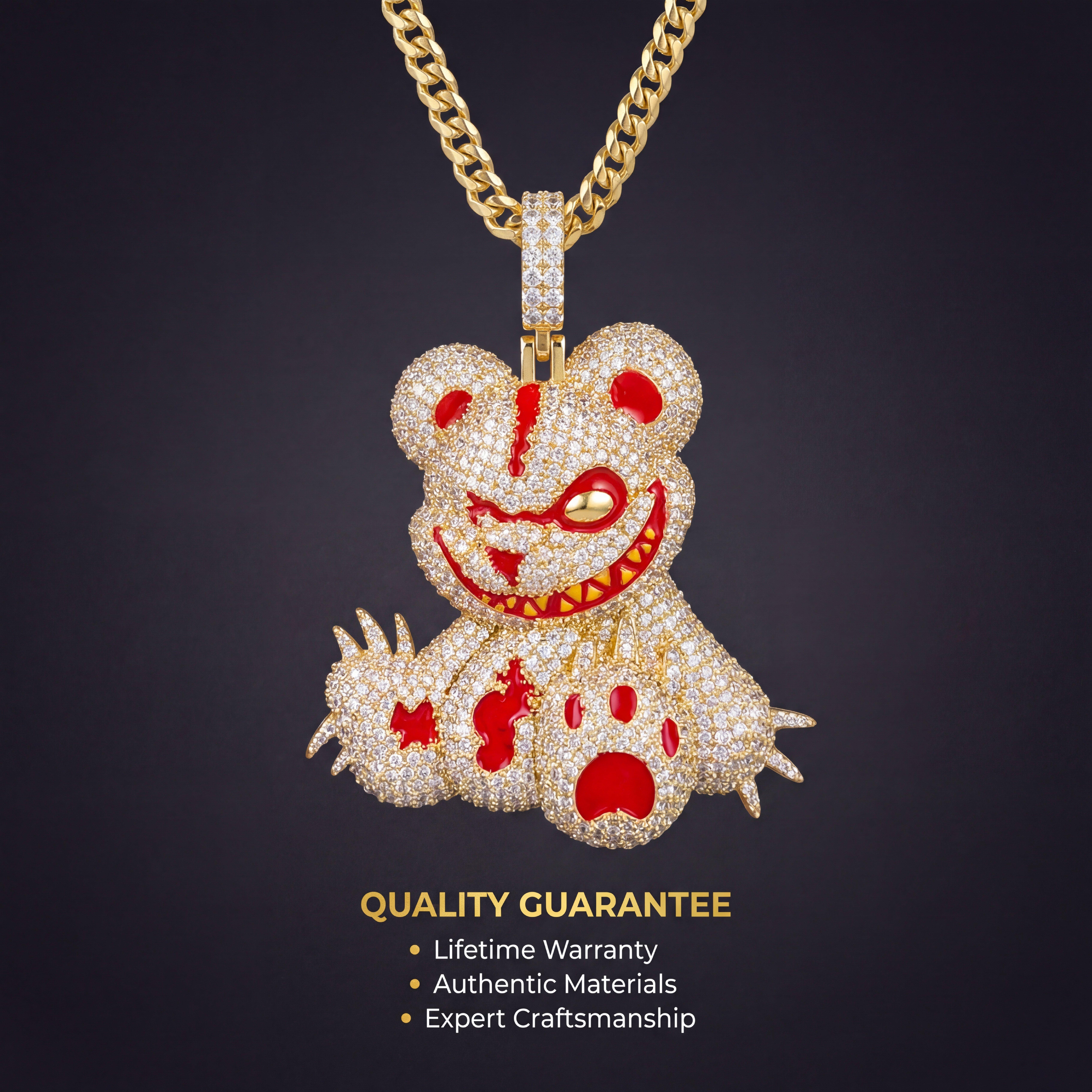 Iced Out Evil Teddy Bear Pendant Necklace, Savage Bloody Bear Mascot CZ Hip Hop Jewelry, Edgy Y2K Street Luxury Drip with Rope Chain