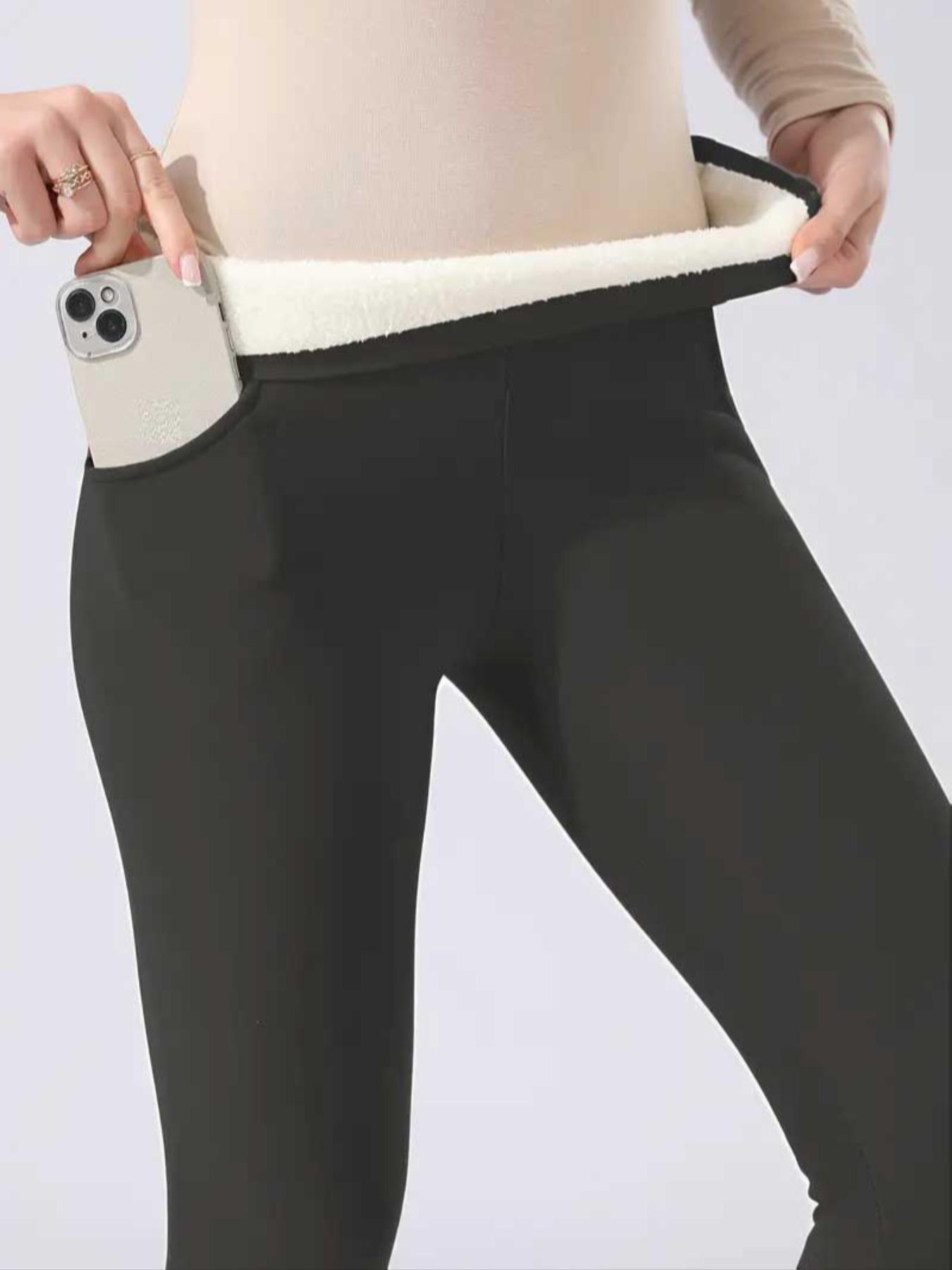 Women's Fall Winter High Waist Fleece Lined Leggings, Skinny Yoga Bottoms, Sporty Tight-Fitting Yoga Pants with Pockets, Warm Thick Woven Fabric