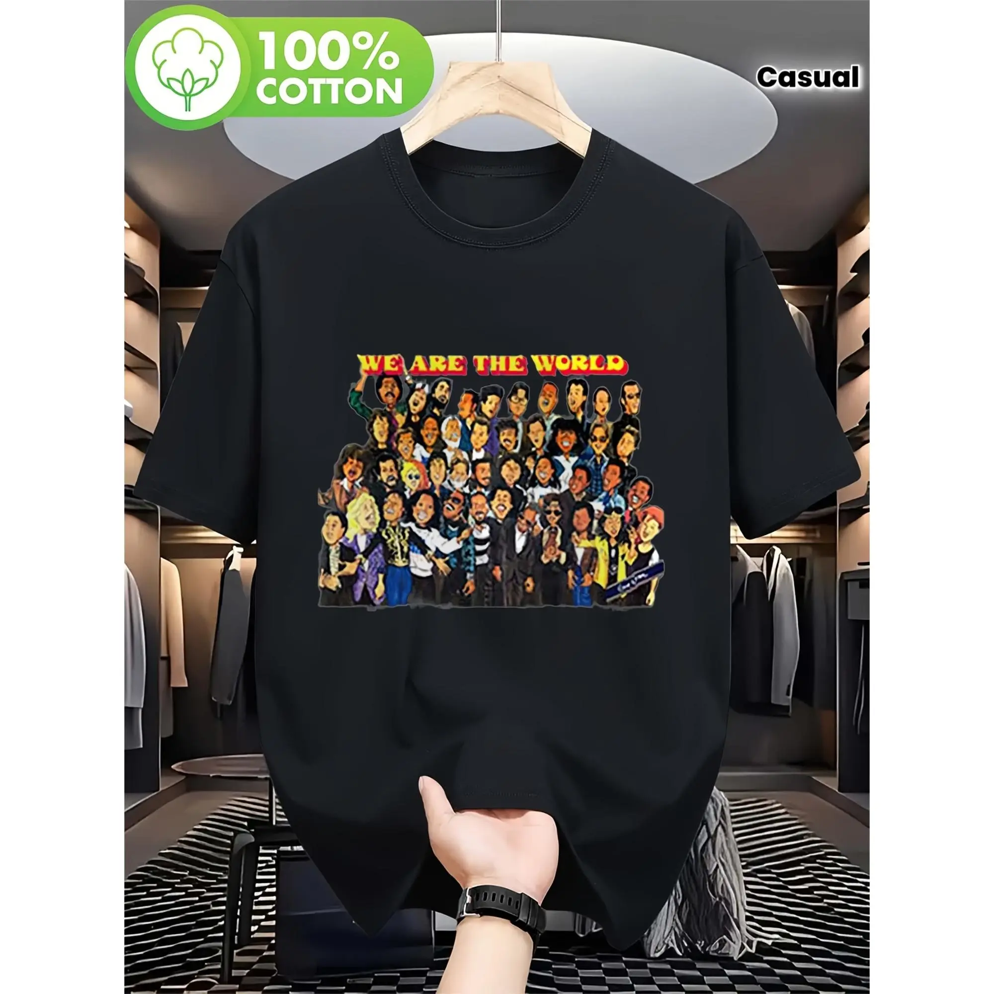 This Is a Black Short-Sleeve T-Shirt for Men That Showcases a Cartoon Design Symbolizing Unity, Featuring a Casual Round Neckline And Is Suitable for Machine Washing