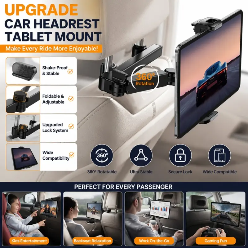 Car Headrest Tablet Holder, 3 in 1 Extension Arm, Adjustable Tablet Car Mount, Backseat Tablet Mount, Back Seat Entertainment Zone, Kids Road Trip Essential, 4.7-11" Devices, Tablet Mount For Car, iPad Car Holder Back Seat