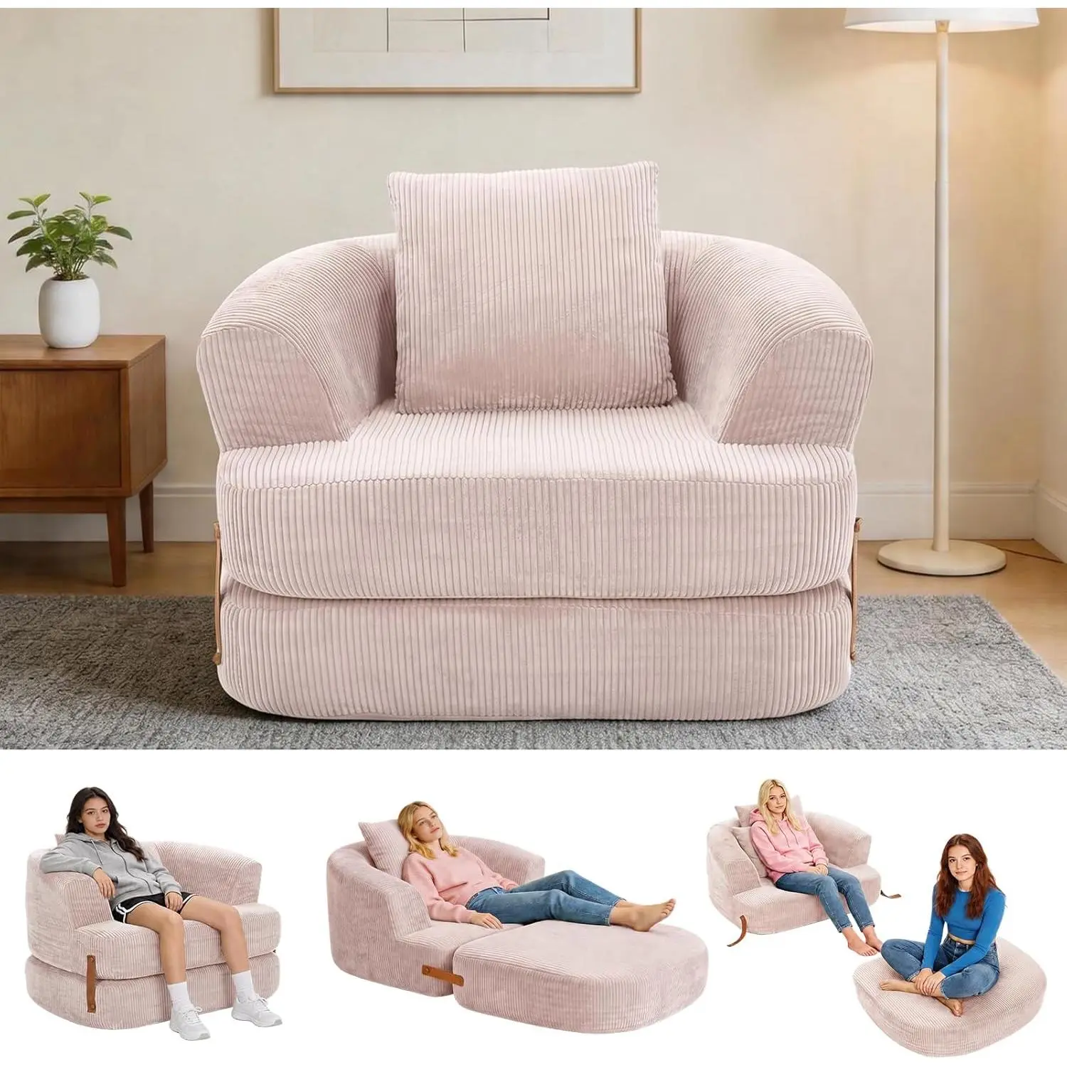 3-in-1 Folding Sofa Bed with Handle, Convertible Bean Bag Chair to Floor Sofa Lounger, Boneless Fold Out Couch for Bedroom Living Room