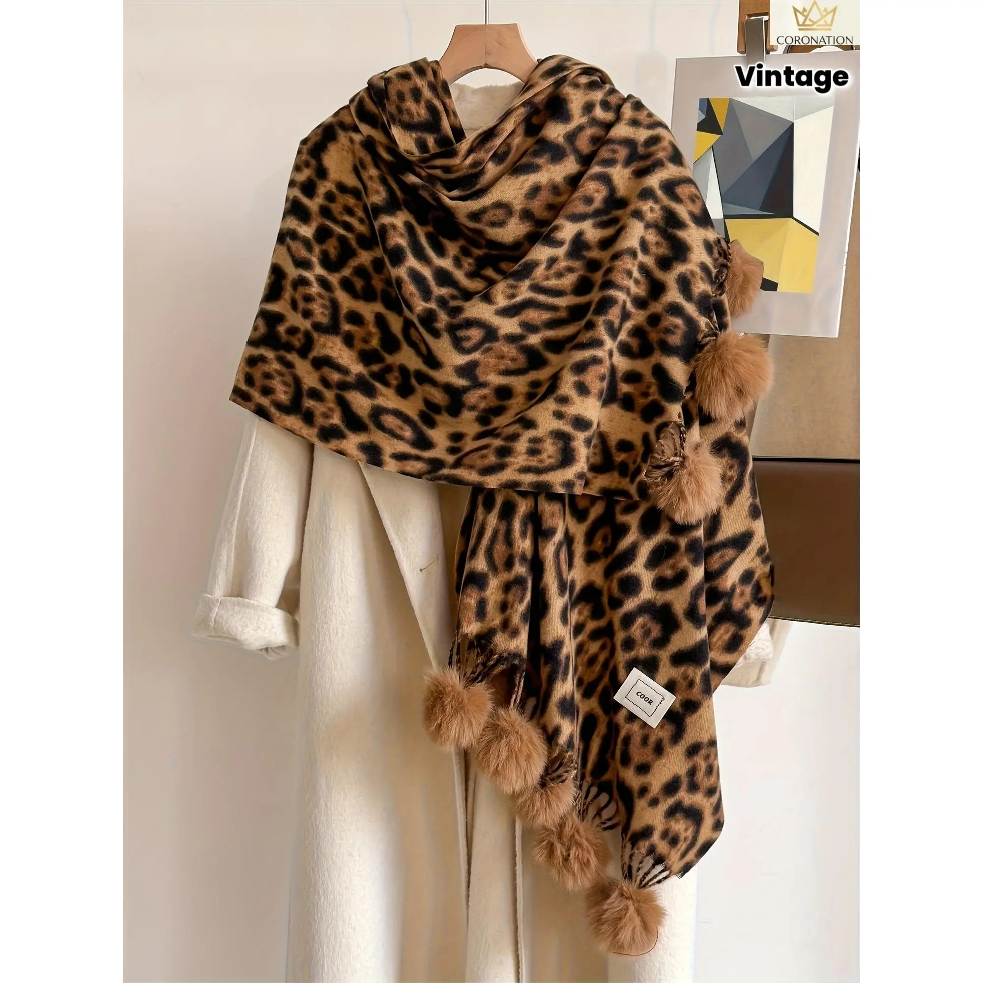 Retro Faux Fur Shawl for Women, Chic Animal Print Winter Wrap with Soft Trim, Cozy Accessory for Holiday Wear and Cold Weather, Shoulder Wrap