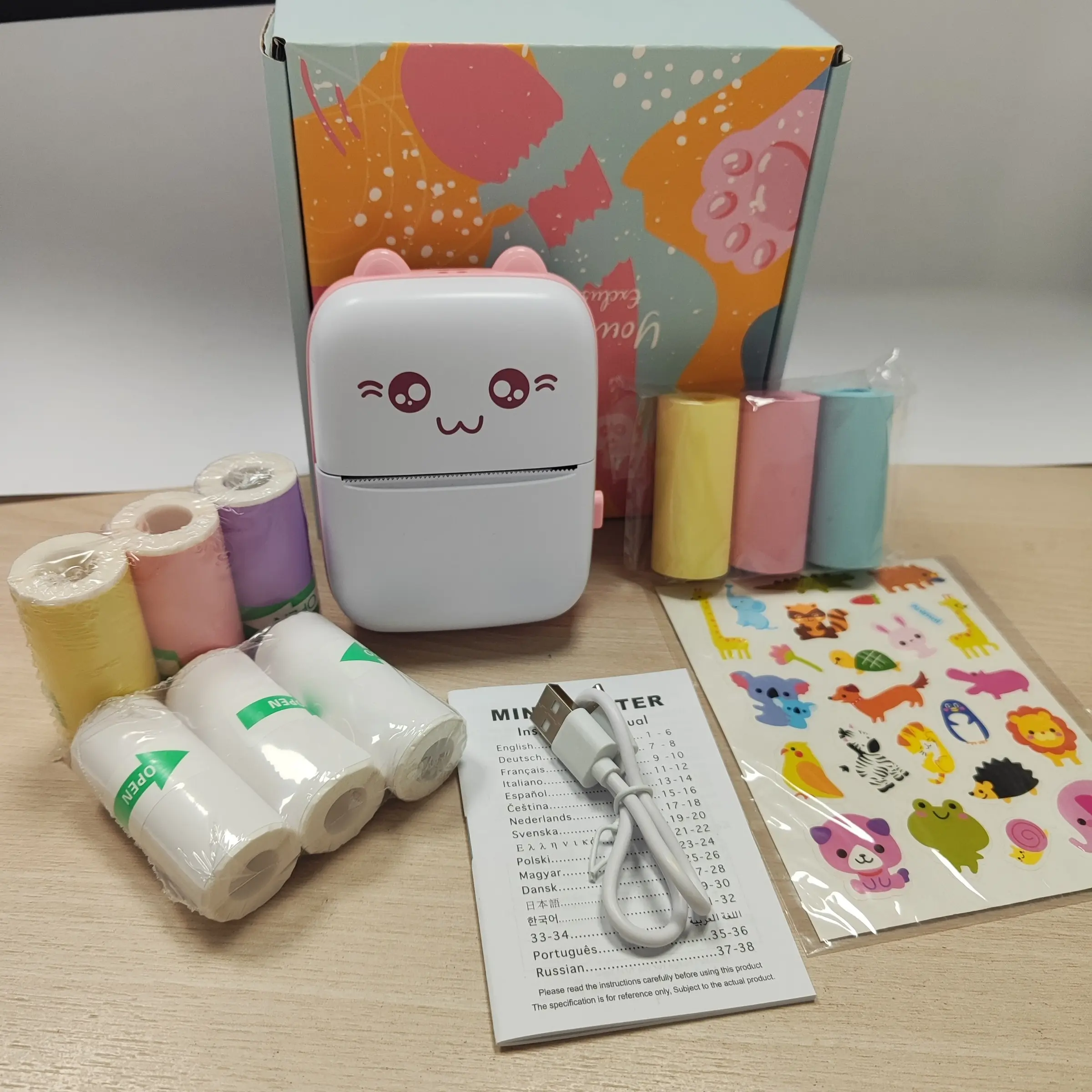Mini Printer, Thermal Inkless Sticker Maker, Inkless Portable Printer, 9 Rolls Paper, Text, Notes, Photos, Labels, To-Do Lists, Diary, DIY, Compatible with iOS and Android