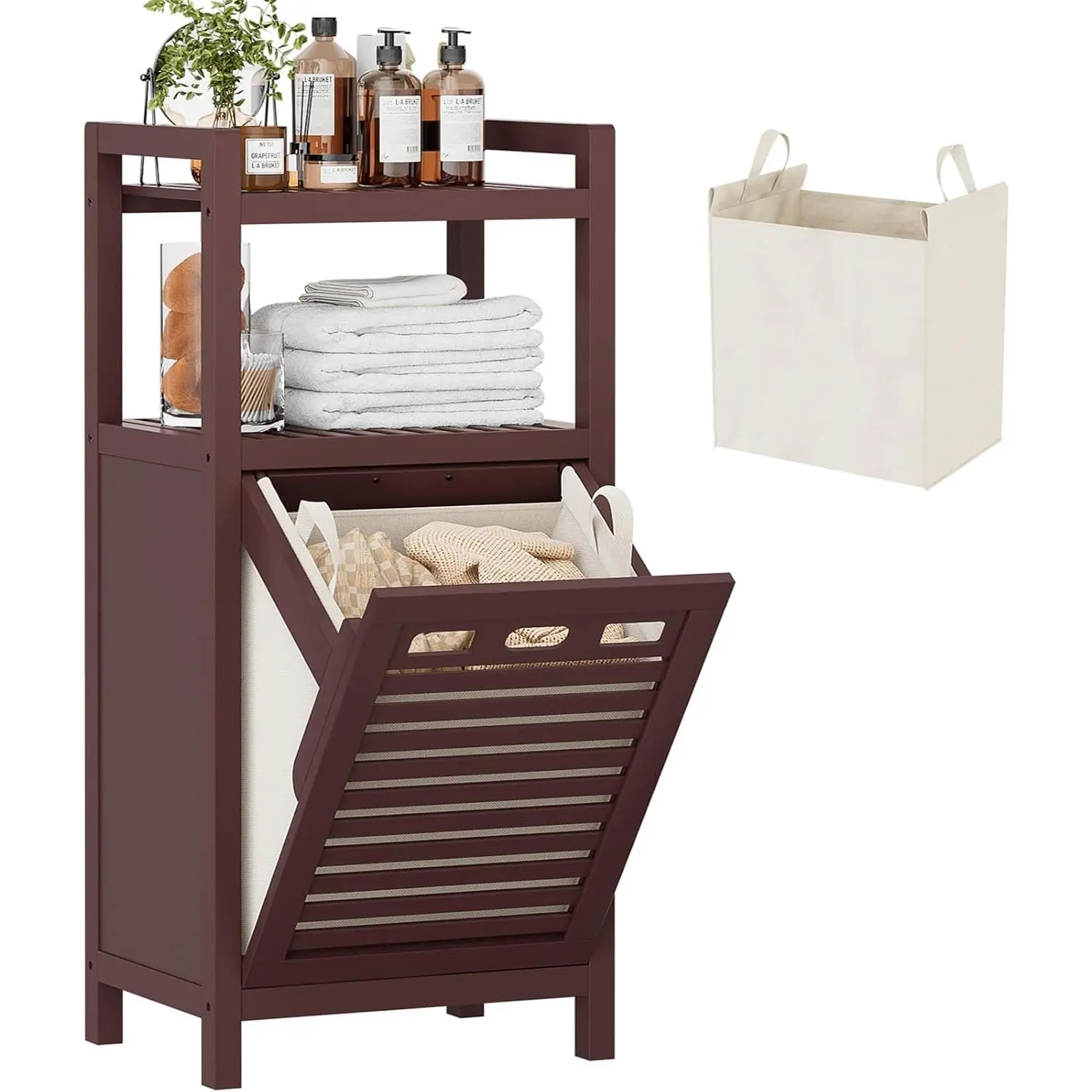 Tilt Out Laundry Hamper Cabinet, 10 Gal  Laundry Cabinet with Removable Basket,  Hamper Organizer with Shelf for Dirty Clothes, Bathroom, Laundry Room, Space Saving, Espresso