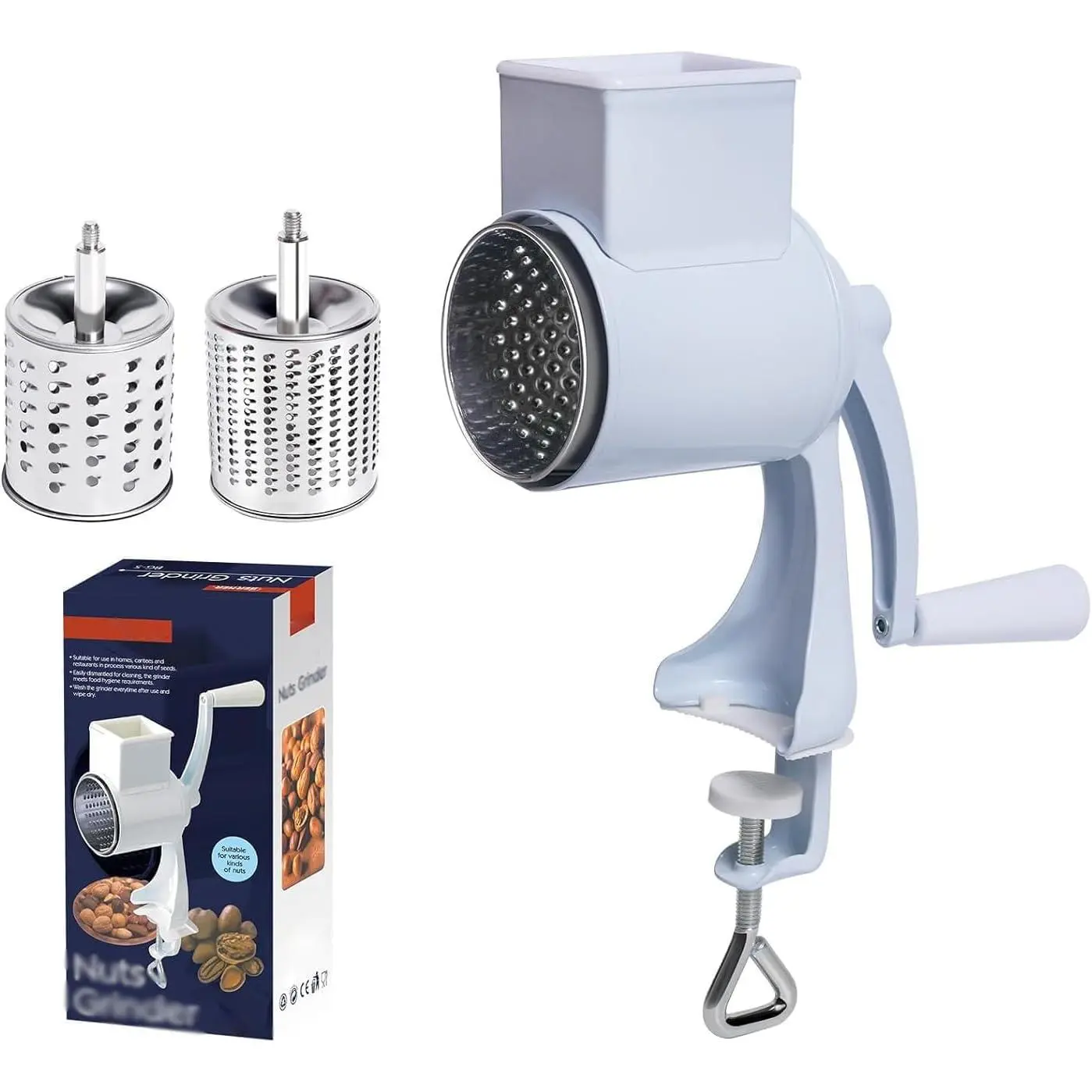 Manual Nut Chopper Grinder, Rotary Cheese Grater Hand Crank Cheese Shredder Multifunctional Dried Fruit Crusher Peanut Masher Grinding Device for All Nuts Walnut Pecan Double Sword White