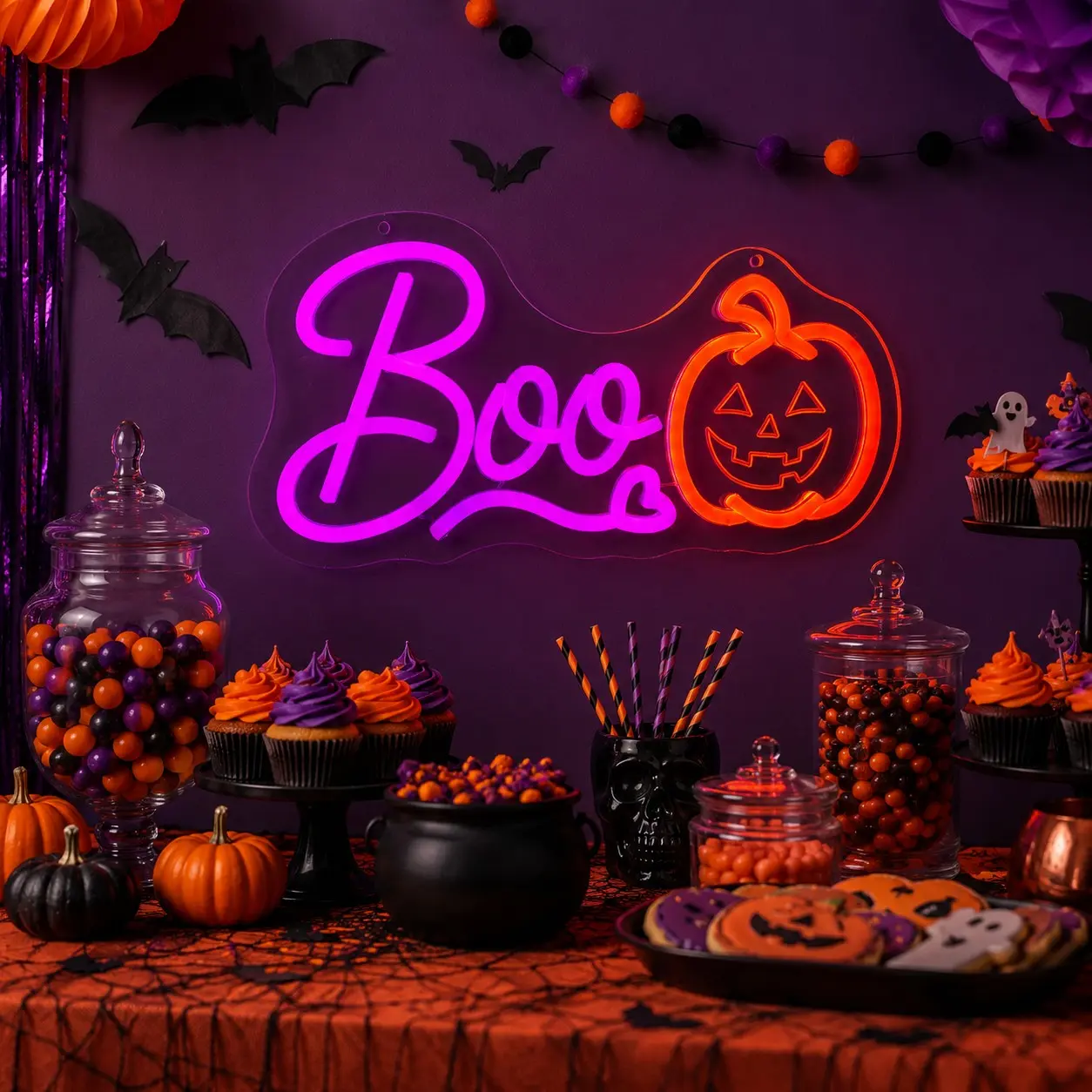 1pc Boo Pumpkin Neon Sign Halloween Party Style LED Wall Light, Pink Orange Acrylic Hanging Decor with Jack O Lantern Detail, USB Powered Porch Lamp for Bedroom, Entryway, Party Room, Dorm, Shop Window, Gift for Halloween Fans and Seasonal Fall Wall Decor