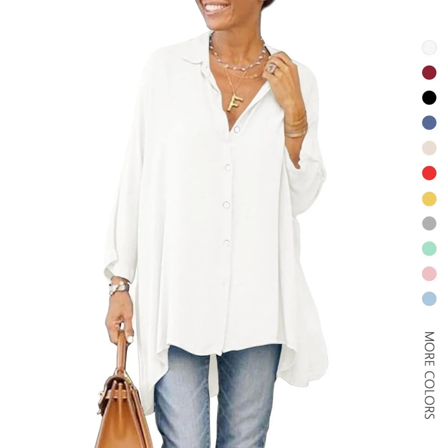 Women's Casual V-Neck Button Down Shirts, Basic Long Sleeve Loose Fit Collared Blouse, Plain Polyester Top for Layering Outfits,back to school,back to school shopping, Fabric