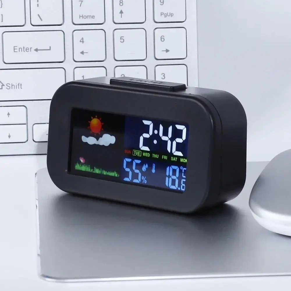 Wireless Weather Station Clock with Color Display, Backlit Temperature-Humidity Monitor, Alarm for Teens' Bedroom Decor, Dorm Desk