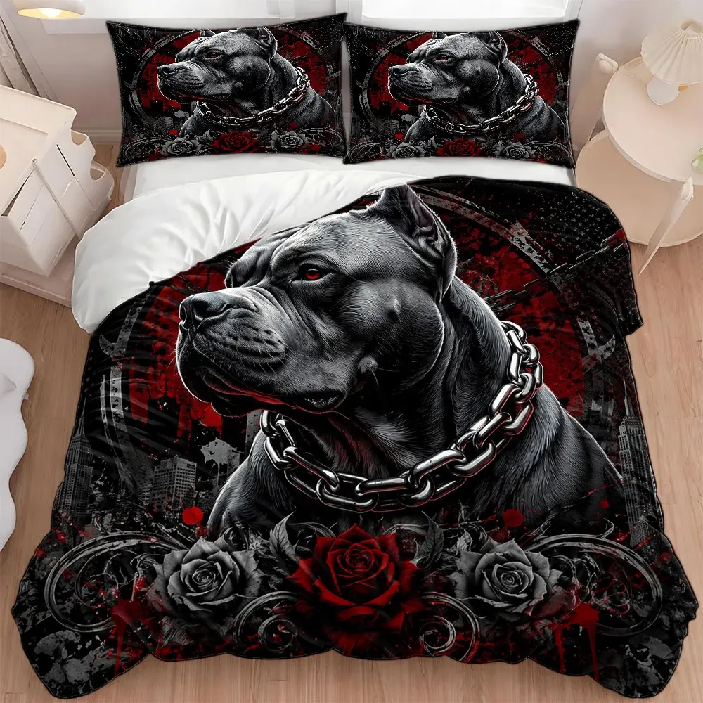 3PC Dark Fierce Dog Rose Bedding Set, 1 Duvet Cover + 2 Pillowcases, Personalized Trendy Pattern, All-Season, Machine Washable, Invisible Zipper Double Bed Cover, Suitable for Home & Dormitory