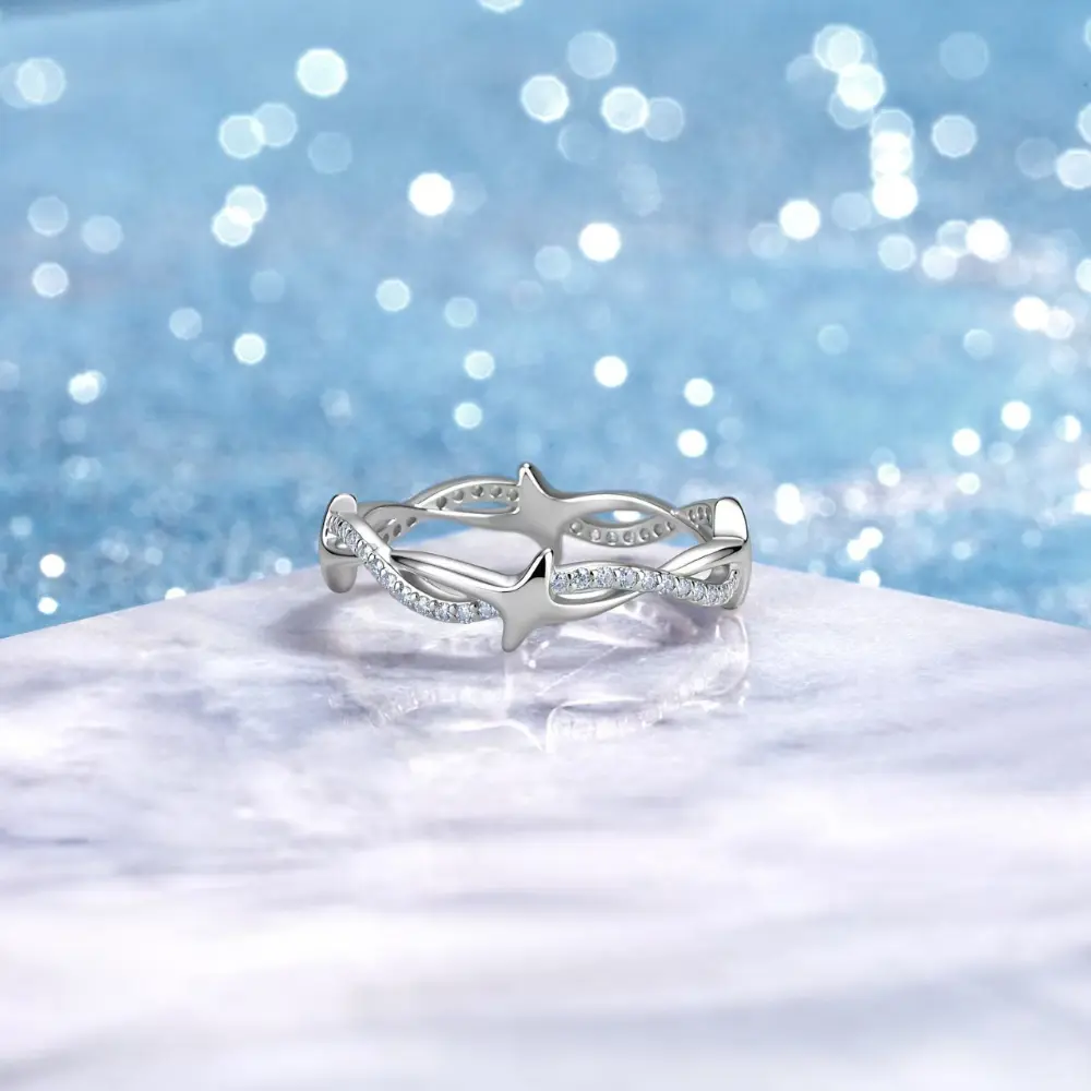 S925 Pure Silver Double Star Interwoven Moissanite Women's Ring, Star Shaped Design, Light Luxury High-end Jewelry, Anniversary Gift, Birthday Gift
