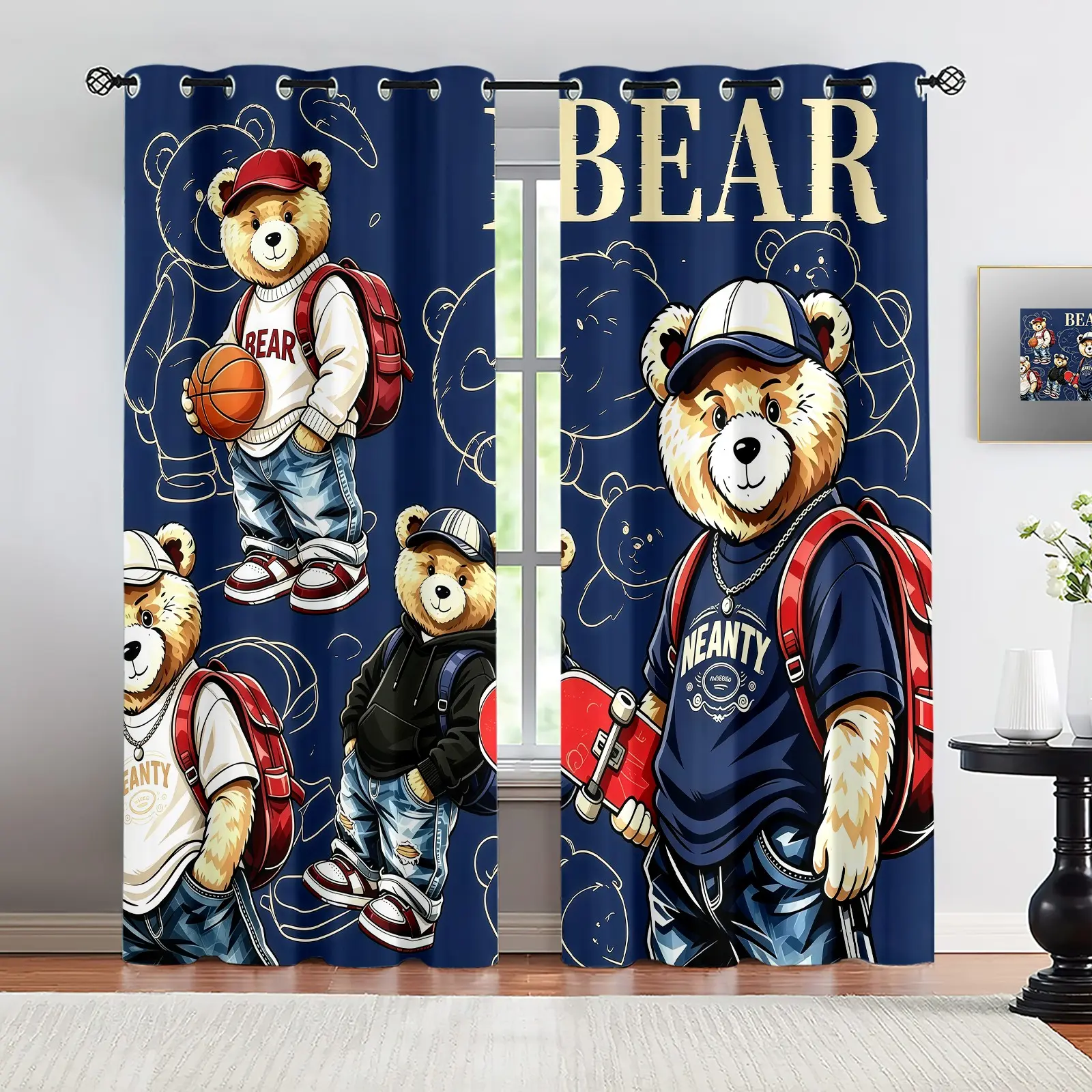 Trendy and Cool Bear Printed Pattern, 2 Curtain Set, Suitable for Living Room, Balcony, and Bedroom Windows, Perfect Home Season, Festival Room Decoration