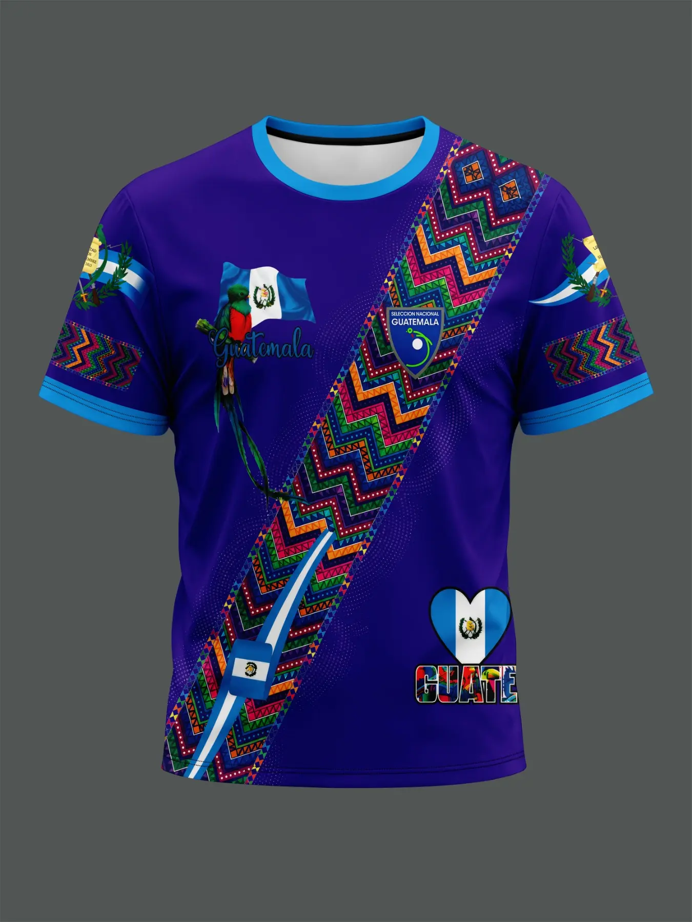 Guatemala Traditional Blue Sports Shirt, Casual Athletic Style, Colorful Zigzag Pattern, Flag Elements, Duck Butt Design, All-Season Athletic Top