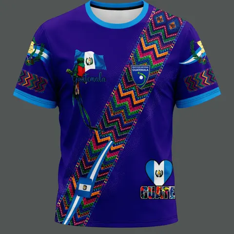 Guatemala Traditional Blue Sports Shirt, Workout Shirts, Colorful Zigzag Pattern, Flag Elements, Duck Butt Design, All-Season Athletic Top
