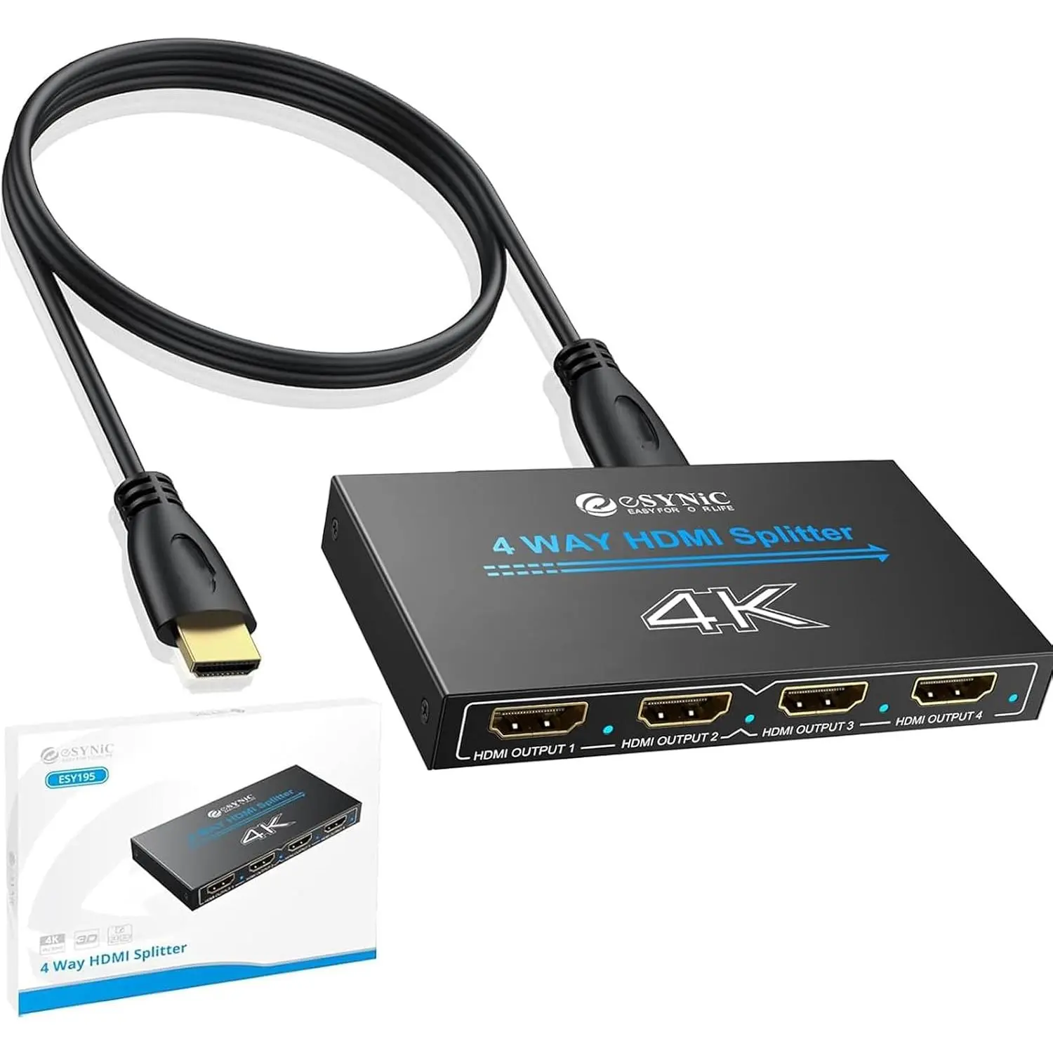 eSynic Metal HDMI Splitter 1x4, 1 in 4 Out Portable Audio & Video Accessory, 4K@30Hz Resolution, Plug & Play Functionality, Accessories