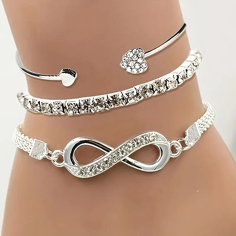 3-piece set of fashionable rhinestone infinity symbol niche design open bracelet