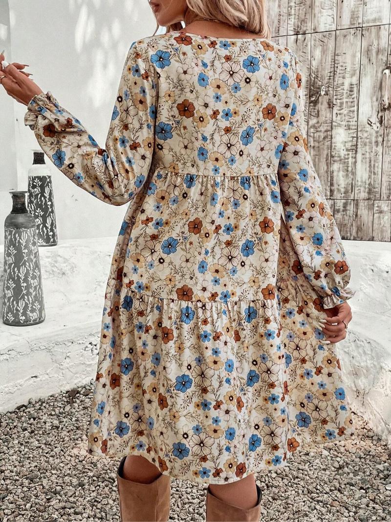 Women's Floral Print Tie Neck Flounce Sleeve Dress, Elegant Fashion Casual Dress for Daily Outdoor Wear, Women Dress for Spring Fall