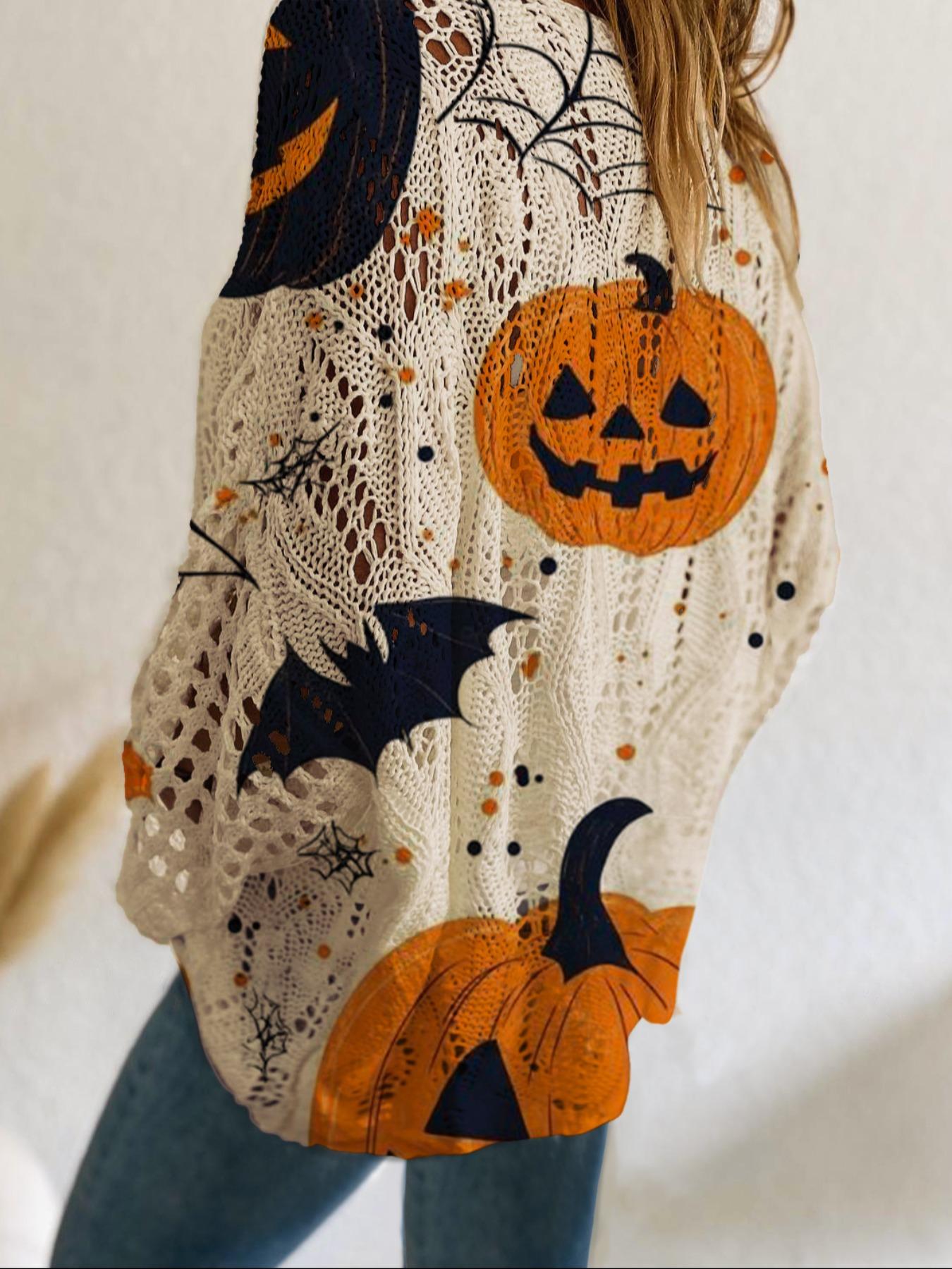 Women's Halloween Pumpkin Print Long Sleeve Knit Top, Casual Elegant Flowy Vacation Style, Loose Fit Batwing Shoulder, Spring Summer Fall Wear