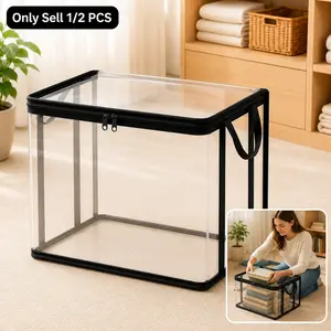 Large Clear Storage Bag, Clear Book Storage Bag, Duty Foldable Storage Bag, Waterproof Plastic Comic Book Bin with Carrying Handles, for Closet, Bedding, Moving and Dorm Storage, Collapsible Storage Organizer
