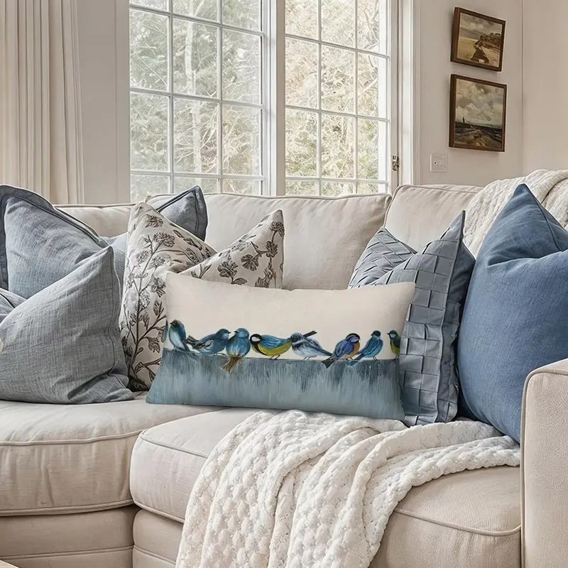 12 X 20 Inch 1pc Throw Pillow Cover, Watercolor Flock of Birds Perched on Ledge Print Decorative Pillowcase, Soft Home Decor Accessory, Perfect for Sofa, Couch, Bedroom and Living Room DecorationDouble-sided printing design