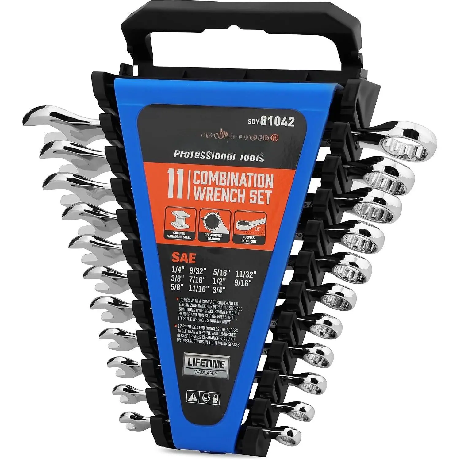 11- SAE Combination Wrench Set, 1/4''–3/4'' 12-Point Open End and Box End Wrench Kit with Organizer, Chrome Vanadium Steel Tools for Mechanics, Garages and Workshops