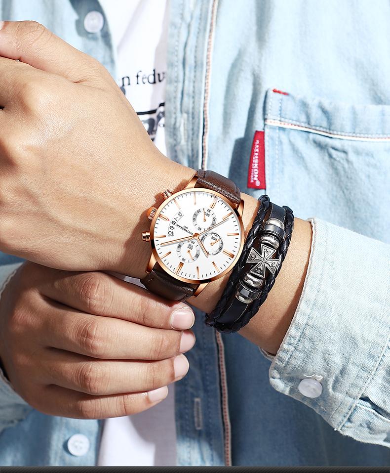 Men's Luxury Black Chronograph Quartz Watch - Leather Strap Wristwatch with Date, Multi-Function Subdials, Luminous Hands, Business Casual Dress Watch, Perfect Gift for Him