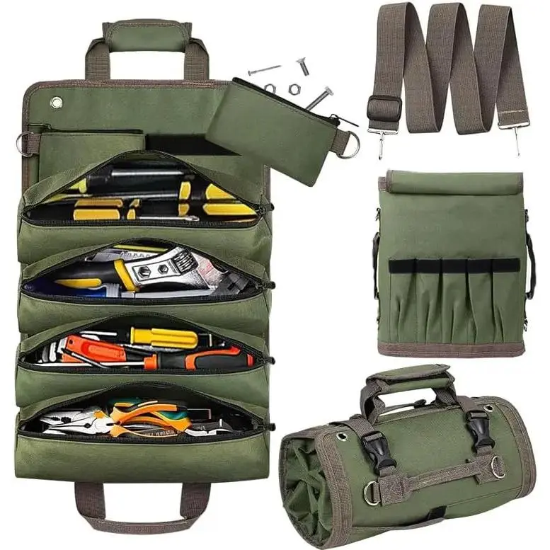 Heavy-Duty Rollable Portable Tool Bag - Foldable Empty Organizer with Small Pockets, Soft Tools & Hardware Storage Solution, Father's Day Gift for Him, Mechanic, Welder
