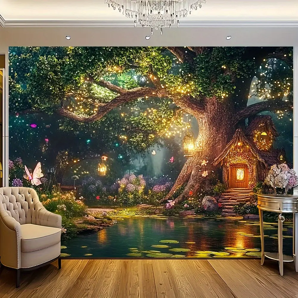 1pc Synthetic Vibrant Polyester Fairy Tale Tapestry - Glow in the Dark Home Inspo Room Art, Enchanted Tree & Cottage Design, Easy Installation & Removal, Ideal for Living Room, Bedroom Decor