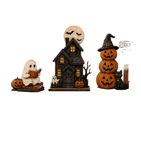 Vintage Halloween 3-Piece Tabletop Decoration Set, Resin Spooky Ornament Set with Ghost, Haunted House, Stacked Pumpkin, Black Cat Figurines & Trick or Treat Sign, Home Decor Figurine Decor for Mantel