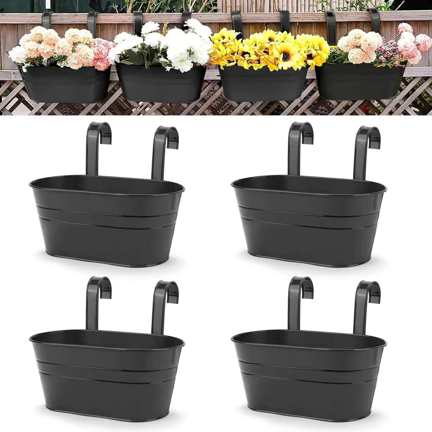 Hanging Planters, 10.6" Metal Railing Planters for Outdoor Plants, 4pcs | Balcony Planters with Detachable Hooks for Easy Hanging, Indoor Outdoor use, Ideal for Balconies, Fences, Garden, Home Decor