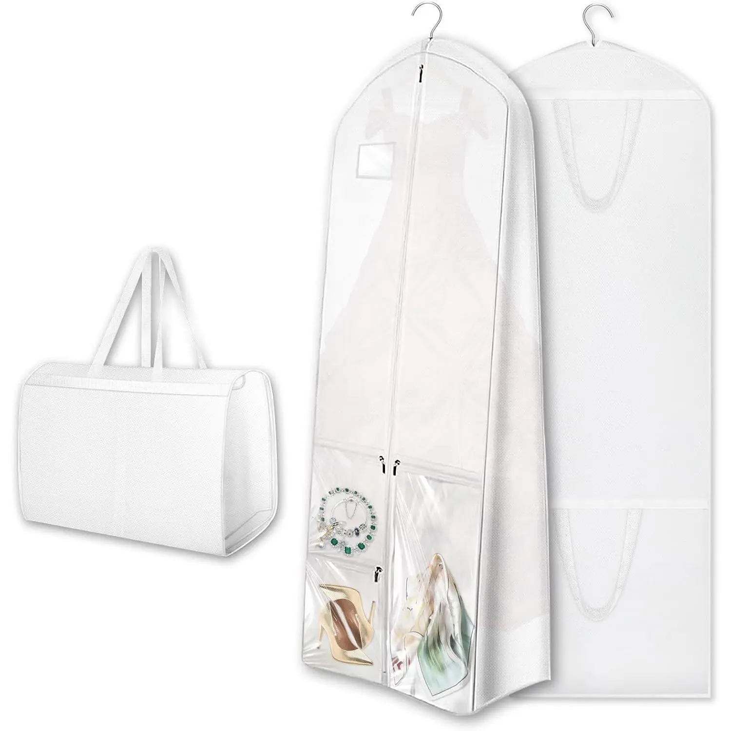 Dress Garment Bags, Long Garment Bags for Travel, 70’’ Wedding Dress Cover with Handle, Foldable Clothing Bag with Pockets and Zippers, White, 180 cm