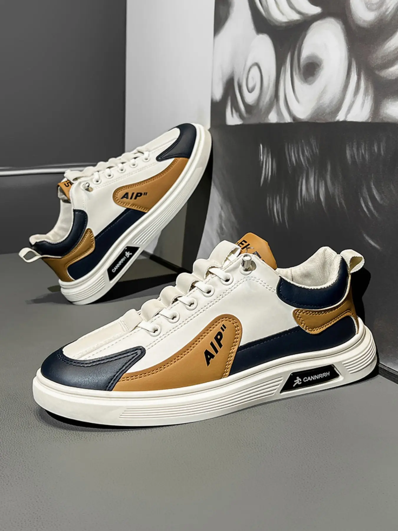 2026 New Men's Patchwork Platform Casual Sports Sneakers, Multi-Color Thick Sole Skate Shoes, Letter Print Low-Top Elastic Lace-Up Walking Shoes, Green, Blue, Brown Three Colors Fashion Low-Top Casual Shoes