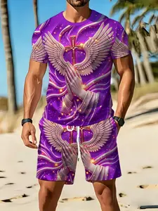 Men's Religious Print Two-Piece Set, 3D Cross Wing Praying Hands, Flowing Wave Round Neck Short Sleeve, Drawstring Shorts