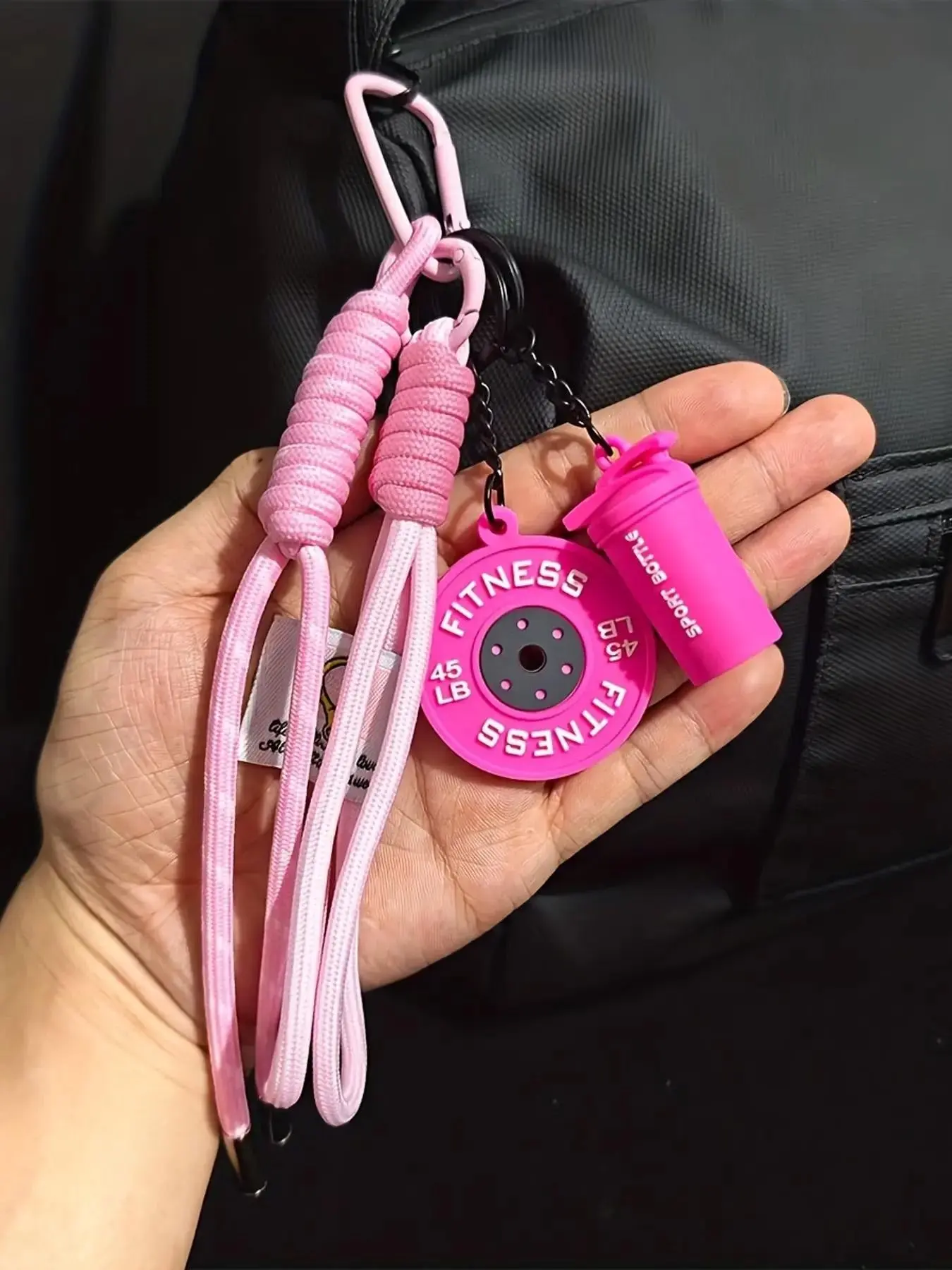 Pink Red Black Purple Fitness Keychain, 45LB Weight Plate Mini Shaker Bottle Braided Paracord Lanyard Color Match Carabiner Gym Bag Decor