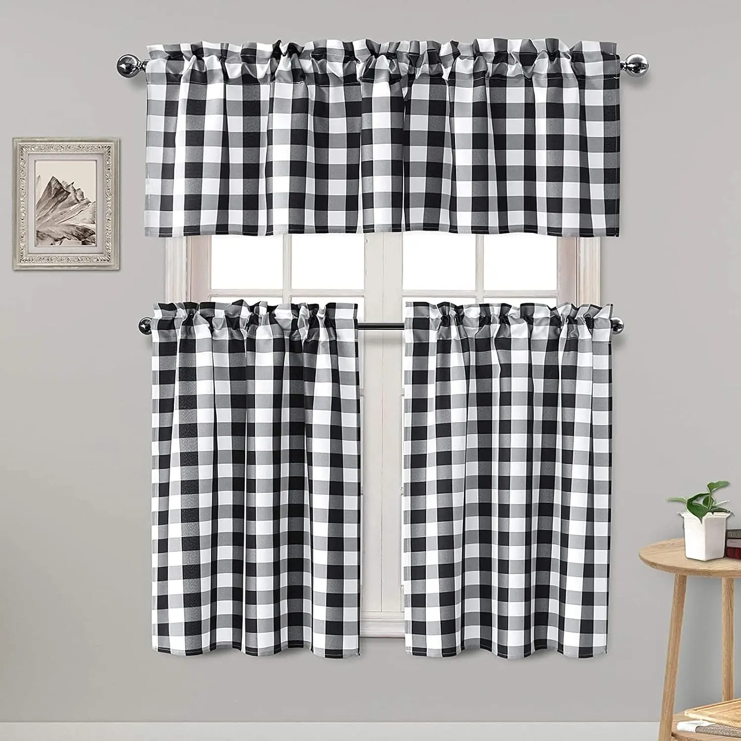 3 Piece Semi Sheer Kitchen Curtains, Black and White Light Filtering Buffalo Plaid Tier and Valance Window Drapes Set, 60 W x 18 L (1 Panel) + 29 W x 36 L (2 Panels)