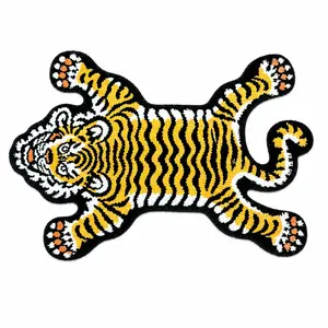 Vintage Tiger Tufted Rug, Tibetan Pattern Design, Block, Soft Texture, Non-Slip Base, Ideal for Living Room & Bedroom