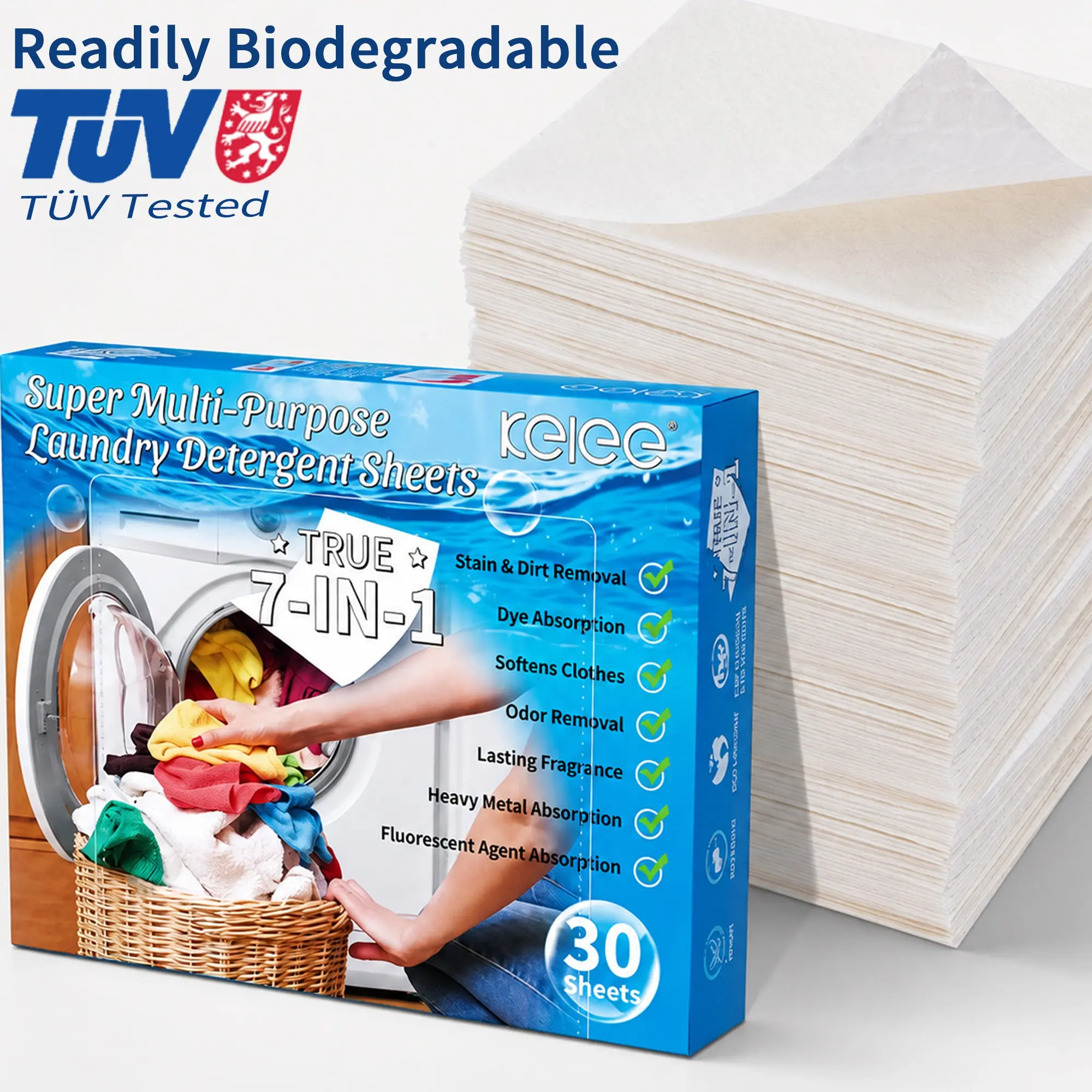 7-in-1 Eco Laundry Detergent Sheets, TÜV Tested Readily Biodegradable Dry Strips, No Plastic Wrapping, Concentrated All-in-One Stain Remover & Color Catcher for Home Dorm Travel