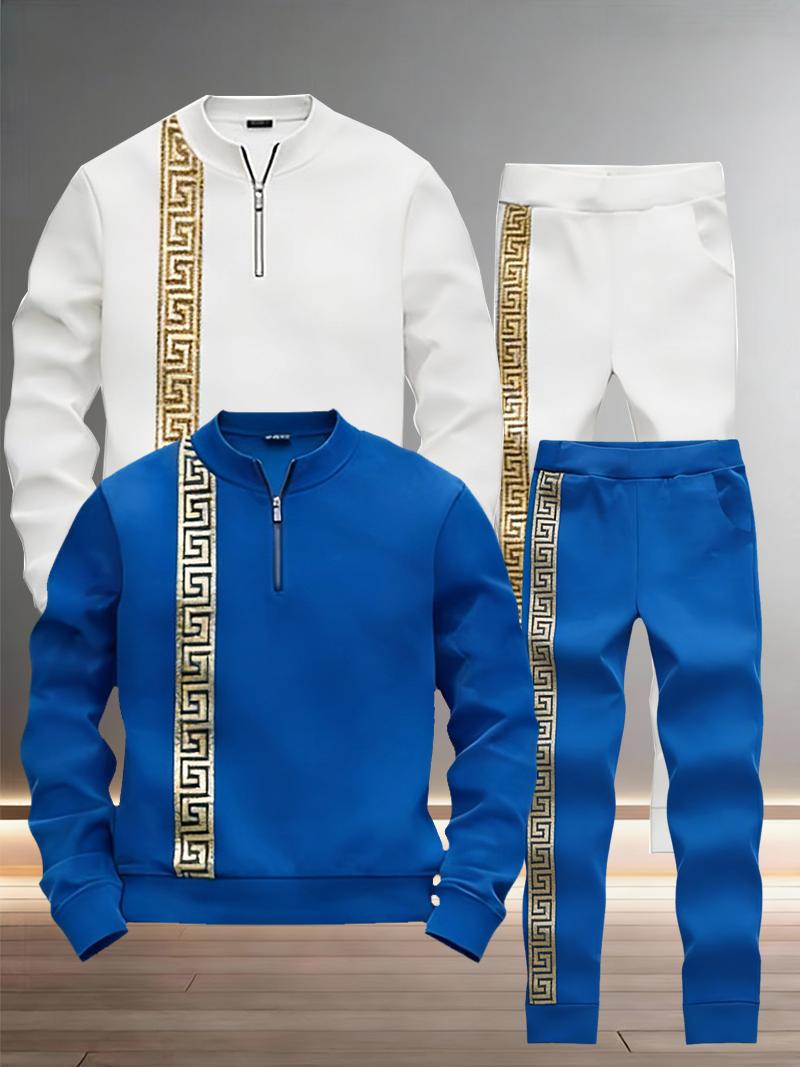 Retro Greek Key Accent Men's Tracksuit - Half-Zip Stand Collar 2-Piece Activewear (Multi-Color)