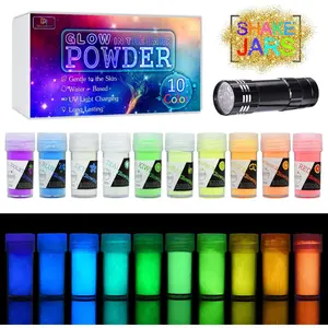 10 Color Glow In The Dark Pigment Powder with UV Lamp - Epoxy Resin Luminous Powder for Slime Kit,Skin Safe Long Lasting Self Glowing Dye for DIY Nail Art,Acrylic Paint,Fine Art, 0.7oz Each(Total 7oz)