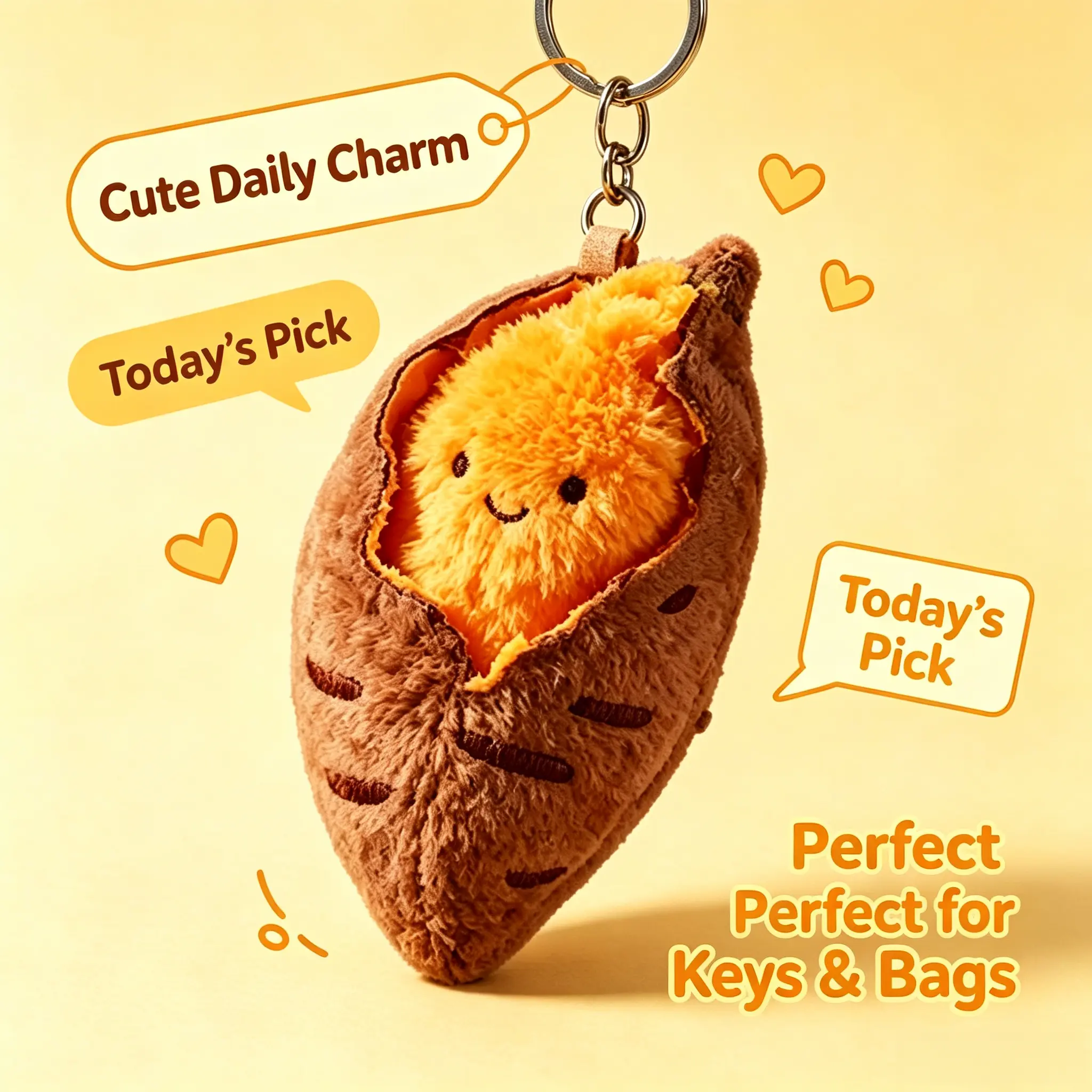 Food-Theme Lint-Free Single-Piece Simulation Roasted Sweet Potato Stuffed Doll Keychain, Cute Fluffy Mini Plush Pendant for Backpack-Keys, Daily Wear All-Seasons Phone Charm Accessory Gift