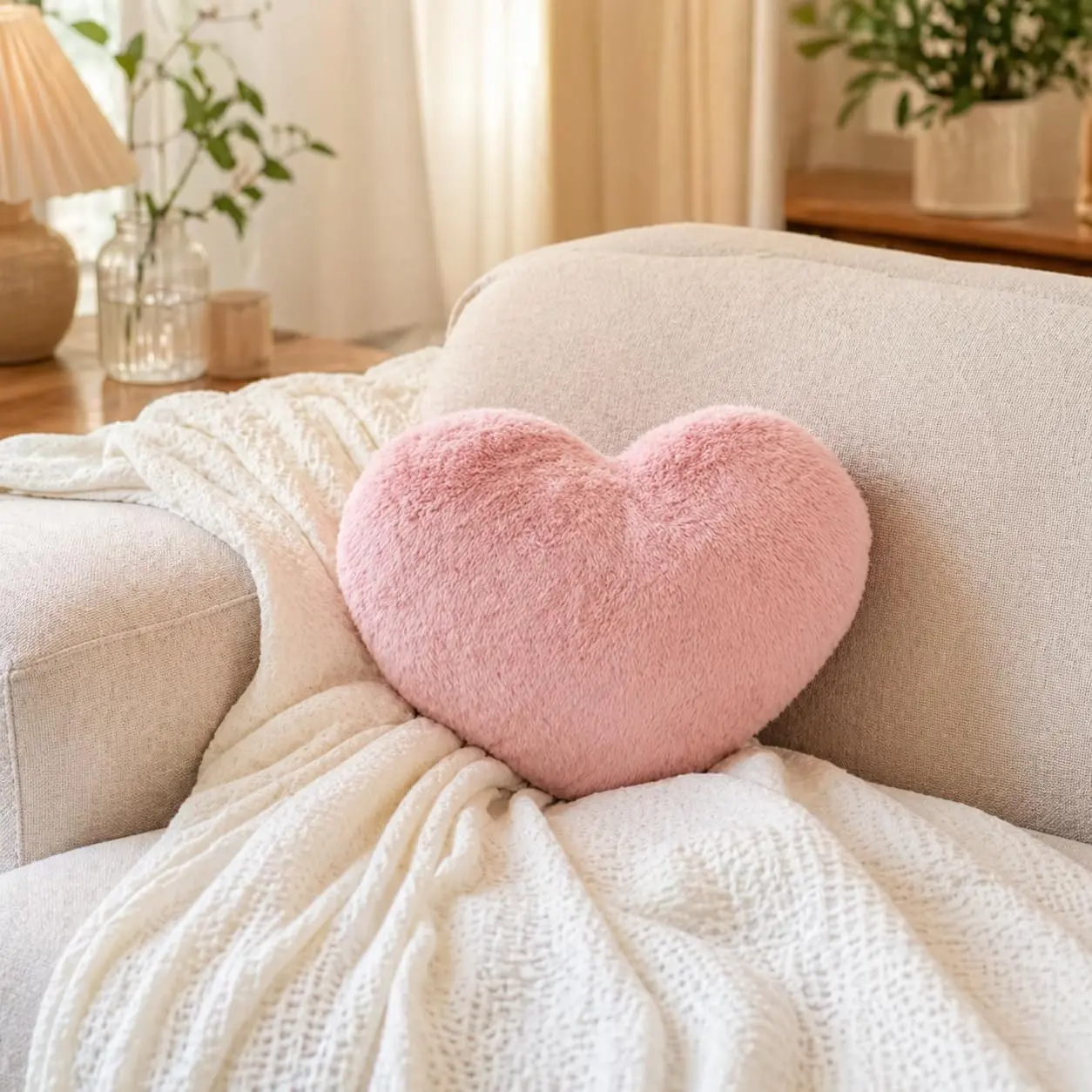 RAINFLOW Decorative Heart Pillow - Pink Faux Fur Throw Pillow Room Decor | Plush Heart Shaped Pillow, Small Faux Fur Cushion for Bed, Couch, Bedroom Decor, Valentine's Day Christmas Gift & Home Decor