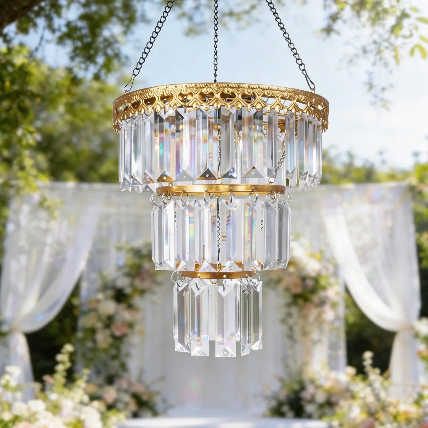 Solar Hanging Crystal Chandelier Outdoor Garden Decorative Lights Powerful Lithium Battery 54 Warm White LEDs Waterproof Hanging Lantern For Valentine Gifts Garden, Yard, Patio, Gazebo, Party, Wedding 2 Tier