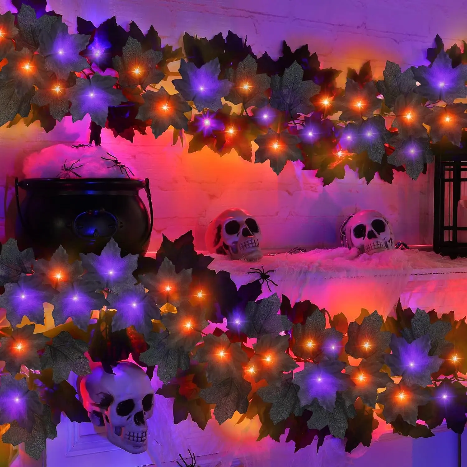2 Pack  12 Ft Black Halloween Garland with Lights, Maple Leaf Garland String Lights, 60 LEDs Orange &  Lights  Operated for Table Fireplace Porch Halloween Decorations Indoor Outdoor