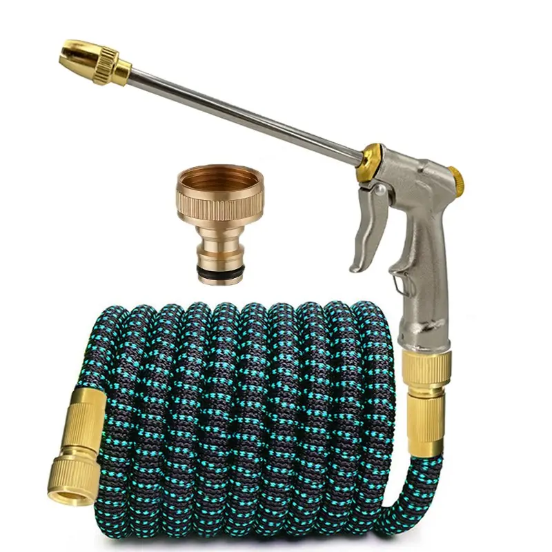 High Pressure Metal Spray Gun, Expandable Garden Hose Set, Anti-Burst Flexible Retractable Hose, Brass Connectors for Car Wash, Gardening, Cleaning