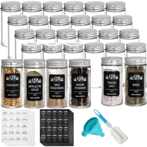 30 Pack Round  Bottles Jars with  , 3oz Empty Glass  Containers Shakers Complete Organizer Set Includes Shaker , Wide Funnel, Labels and Cleaning Brush