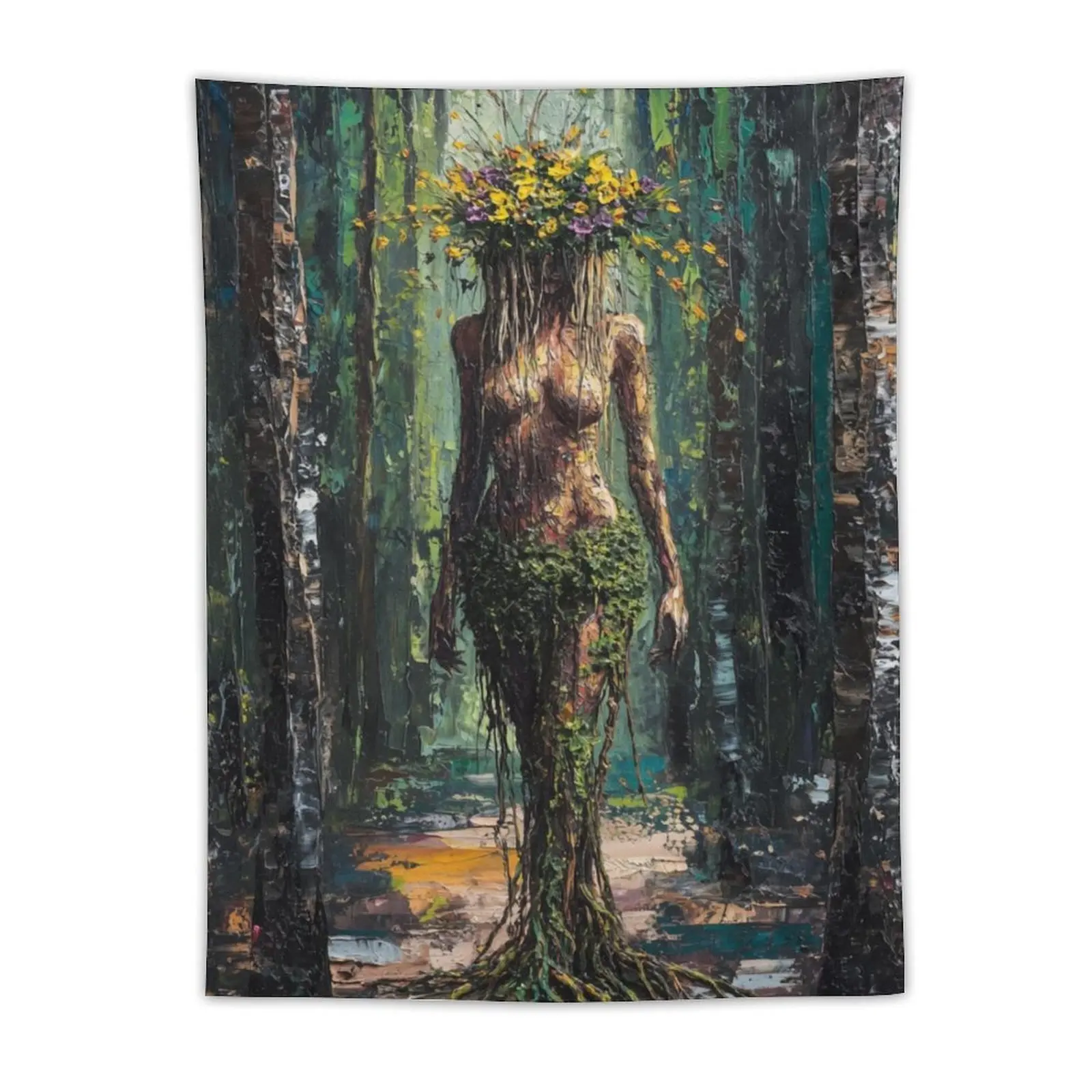 Mother Nature Forest Goddess Tapestry, Dryad Tree Spirit Wall Hanging, Floral Crown Mythical Art Banner, Cottagecore Room Decor, Gift for Nature Lovers, 60x40 Inches Tapestry